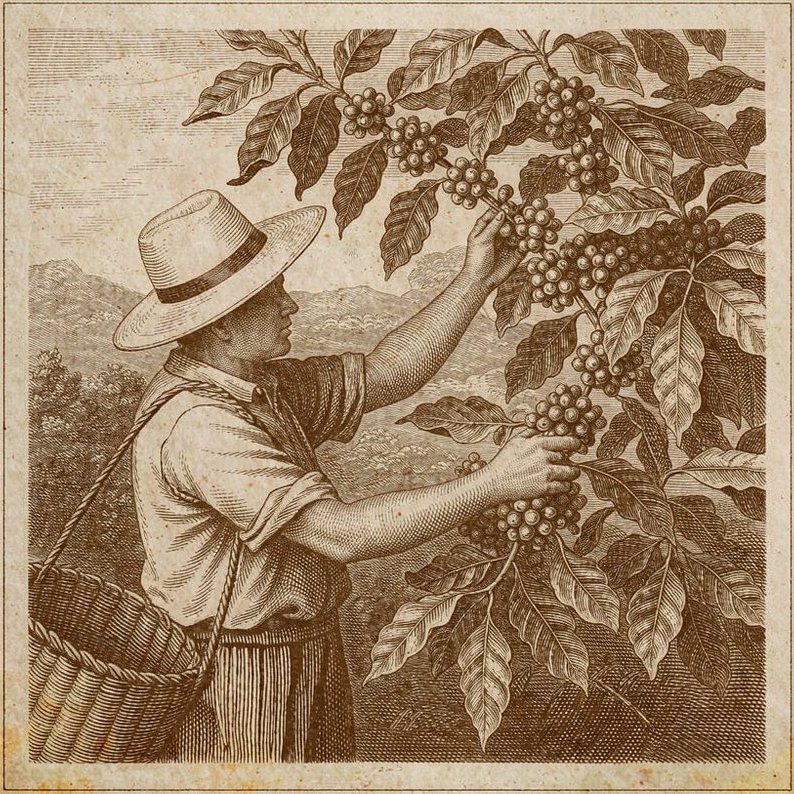 Vintage engraving of hands picking ripe coffee cherries