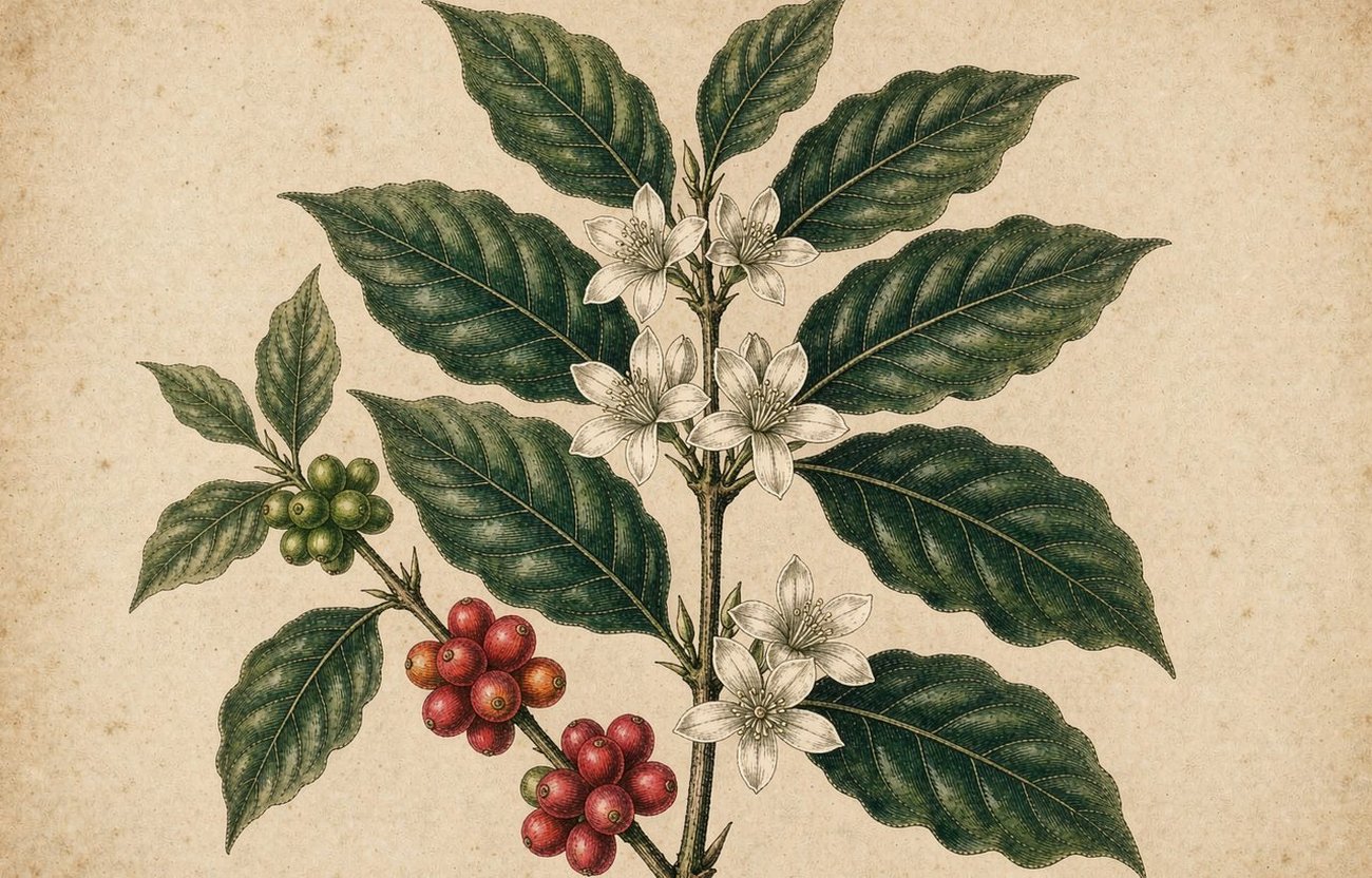 Antique botanical engraving of a coffee branch with blossoms and cherries