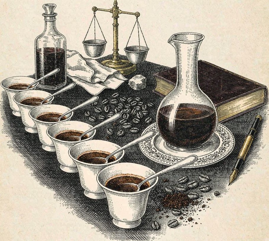 Antique engraving of a coffee cupping table with porcelain bowls and spoons