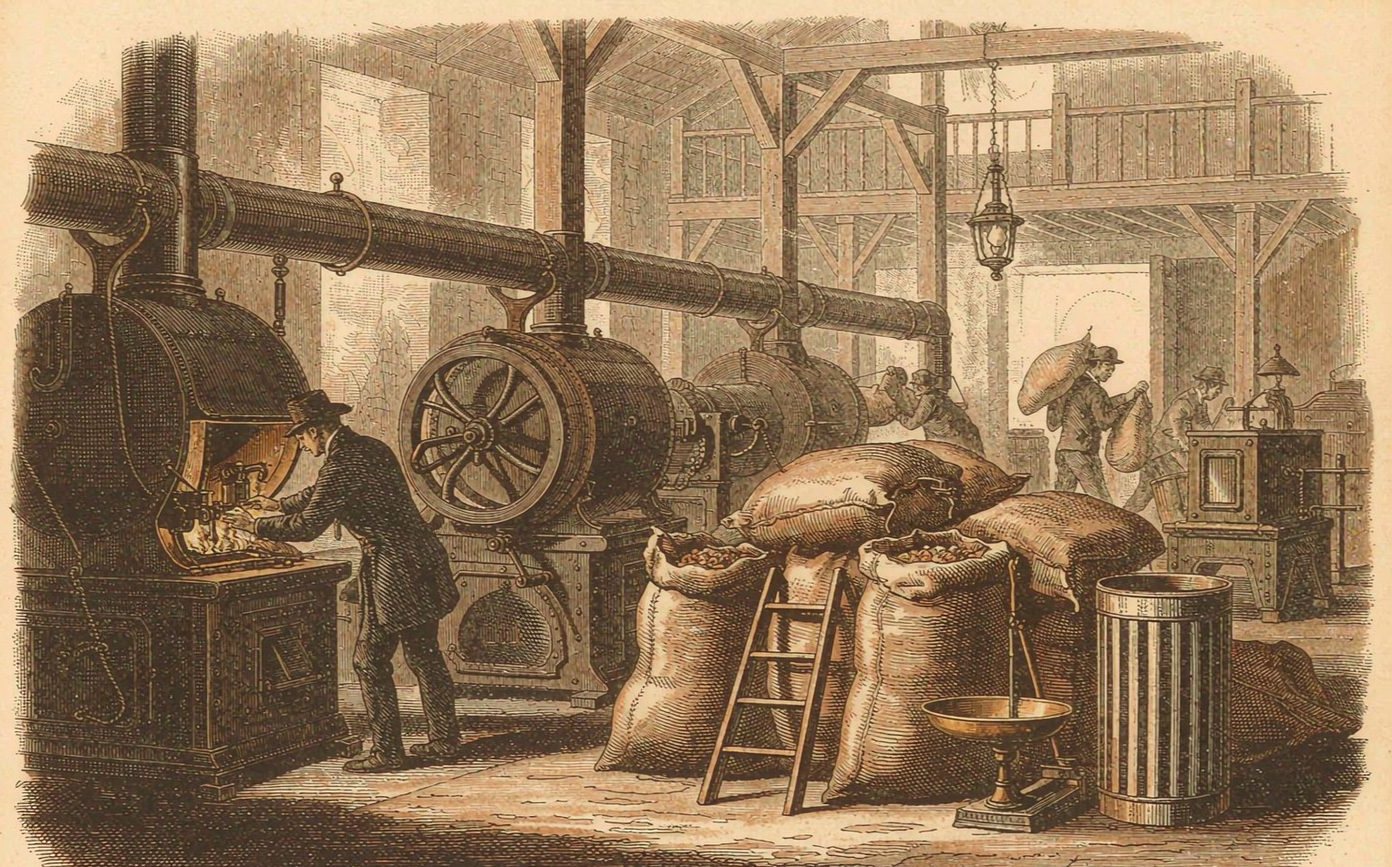 Victorian wood engraving of a nineteenth-century coffee roastery interior